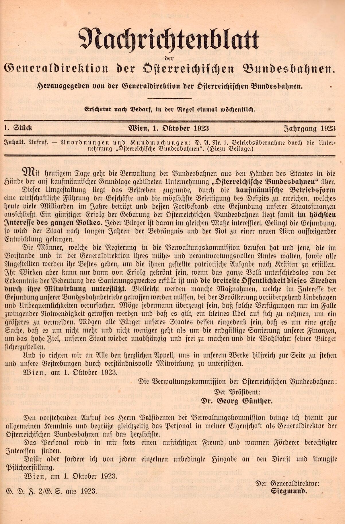 Kundmachung Nachrichtenblatt 1.10.1923